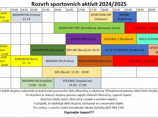 Cvičební hodiny v tělocvičně/ herně stolního tenisu pro rok 2024/2025